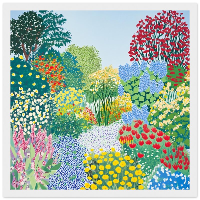 Colores vivos en un jardín de flores con árboles y arbustos variados.