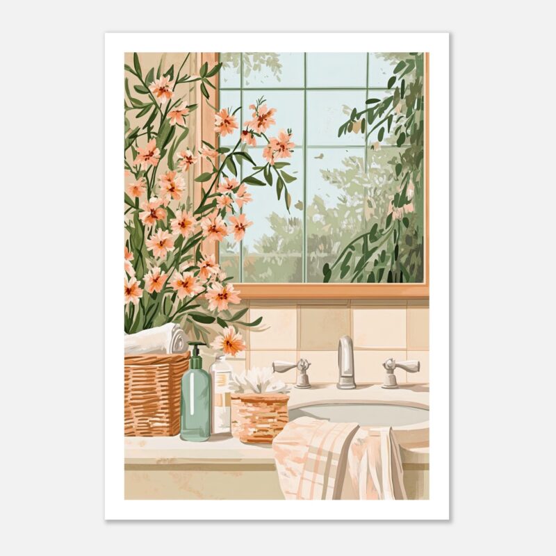 Florero con flores y accesorios en baño, vista a la ventana, estilo decorativo rústico.