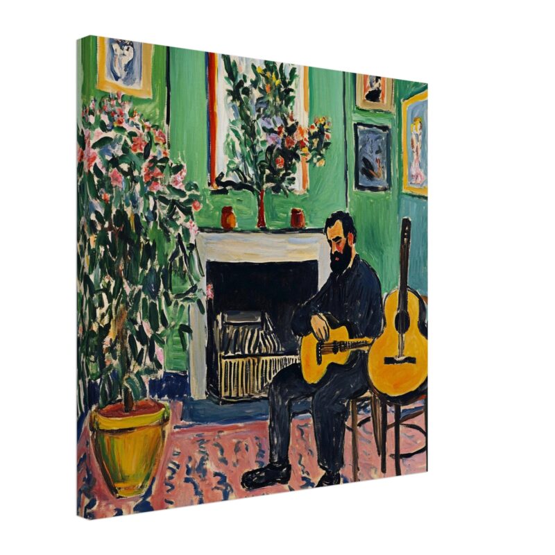 Izquierda de la imagen, pintura de un músico tocando guitarra en un entorno colorido y lleno de detalles artísticos.