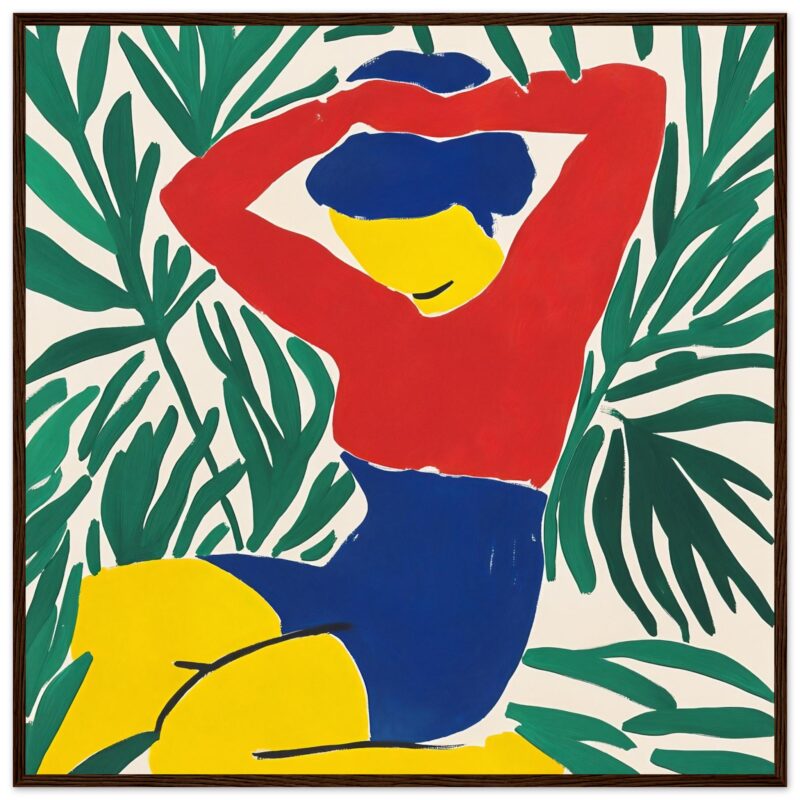 Delgada mujer con gorra amarilla y blusa roja en fondo de hojas verdes, estilo arte moderno y vibrante.