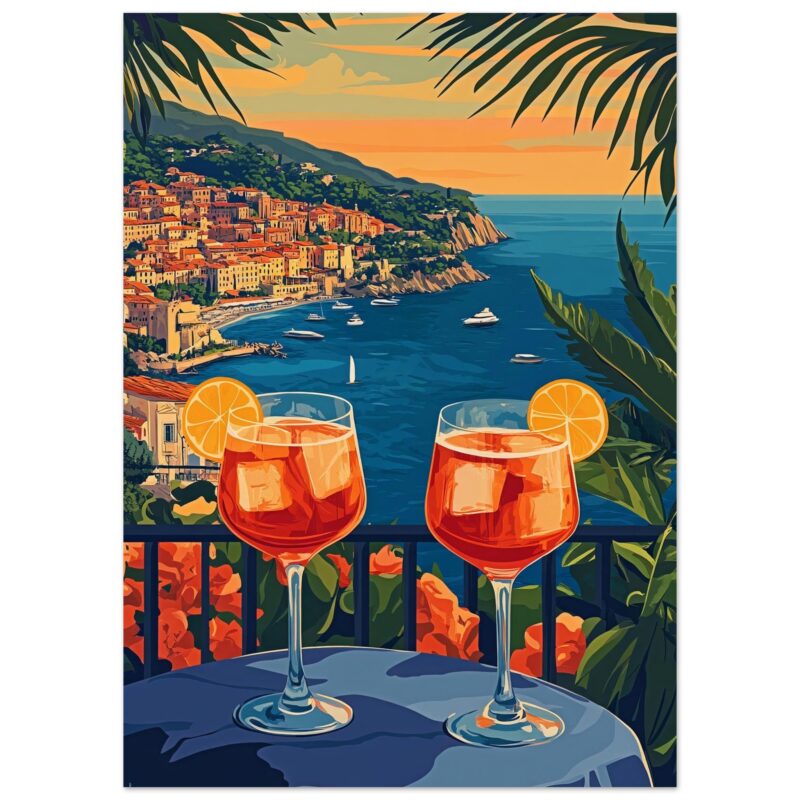 Vino rosado con hielo y rodajas de naranja en una terraza junto al mar en la costa italiana.