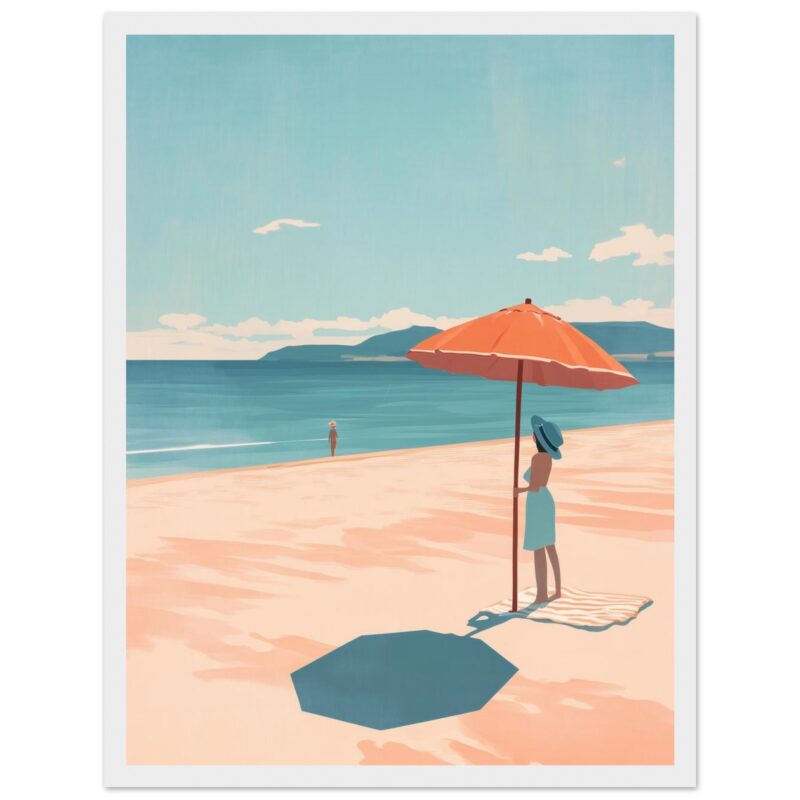 Sombrilla en la playa con mujer y paisaje marítimo, arte digital, estilo minimalista.