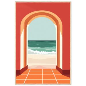 Ventanilla abierta hacia la playa con vista al mar y olas en la orilla, estilo pintura digital.