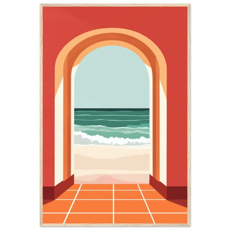 Ventanilla abierta hacia la playa con vista al mar y olas en la orilla, estilo pintura digital.