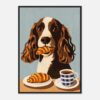 Perro cocker spaniel con croissant y café en estilo ilustración digital.