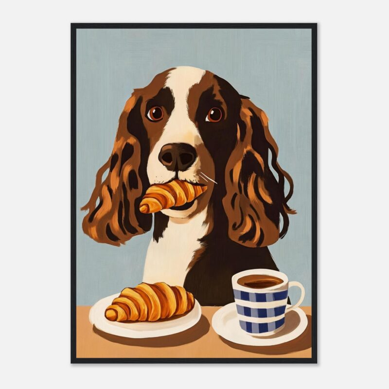 Perro cocker spaniel con croissant y café en estilo ilustración digital.