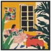Vibrante obra de arte moderna con interiores llenos de plantas y colores cálidos.