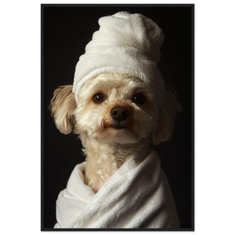 Perro con toalla en cabeza y ropa de baño, estética de fotografía artística y encantadora.