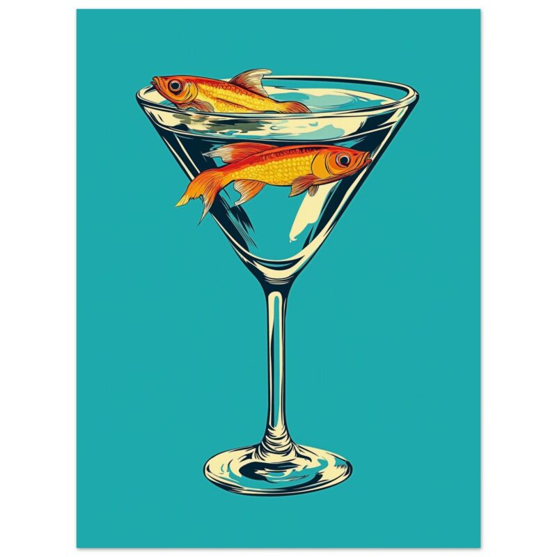 Peces en copa de cóctel, ilustración moderna, arte digital, diseño creativo, estilo pop art.
