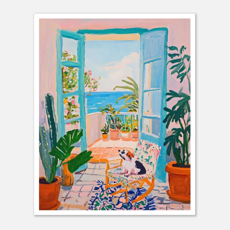 Puerta abierta con vista al mar y plantas tropicales en interior estilo acuarela.