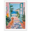 Puerta abierta con vista al mar, plantas y perro en estilo pintura abstracta.