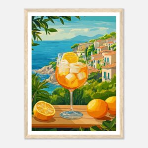 Refresco de cítricos con hielo junto al mar y vistas de un pueblo costero en Italia.
