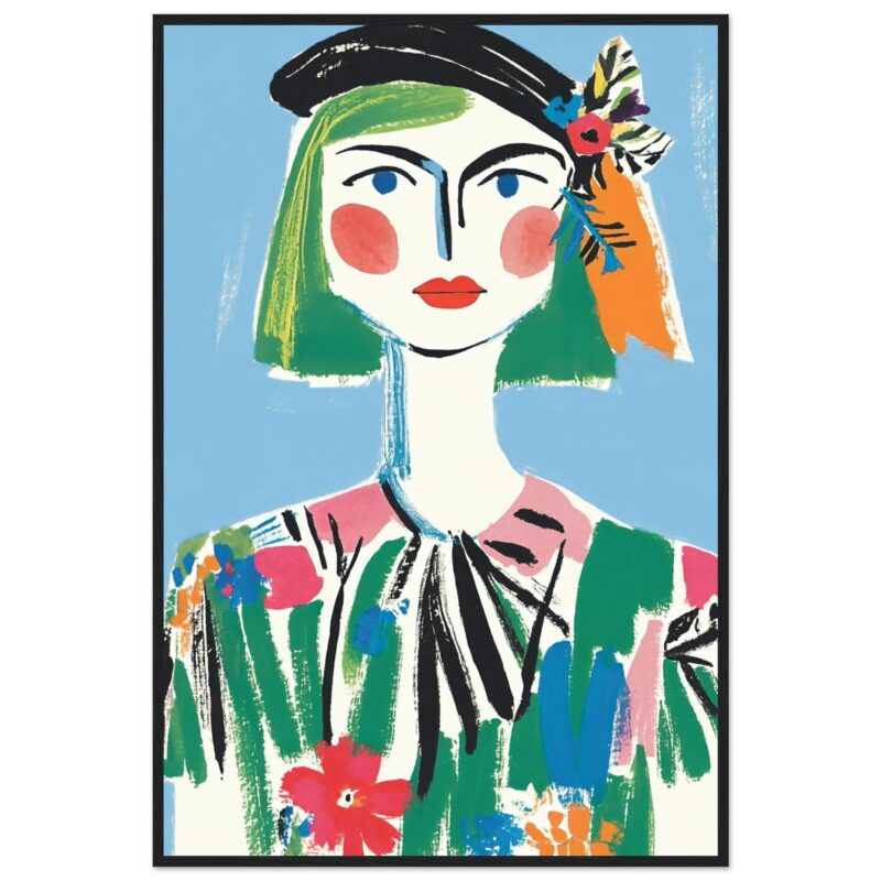 Retrato estilo mural colorido de mujer con flores, arte moderno, decorativo, ilustración digital art.