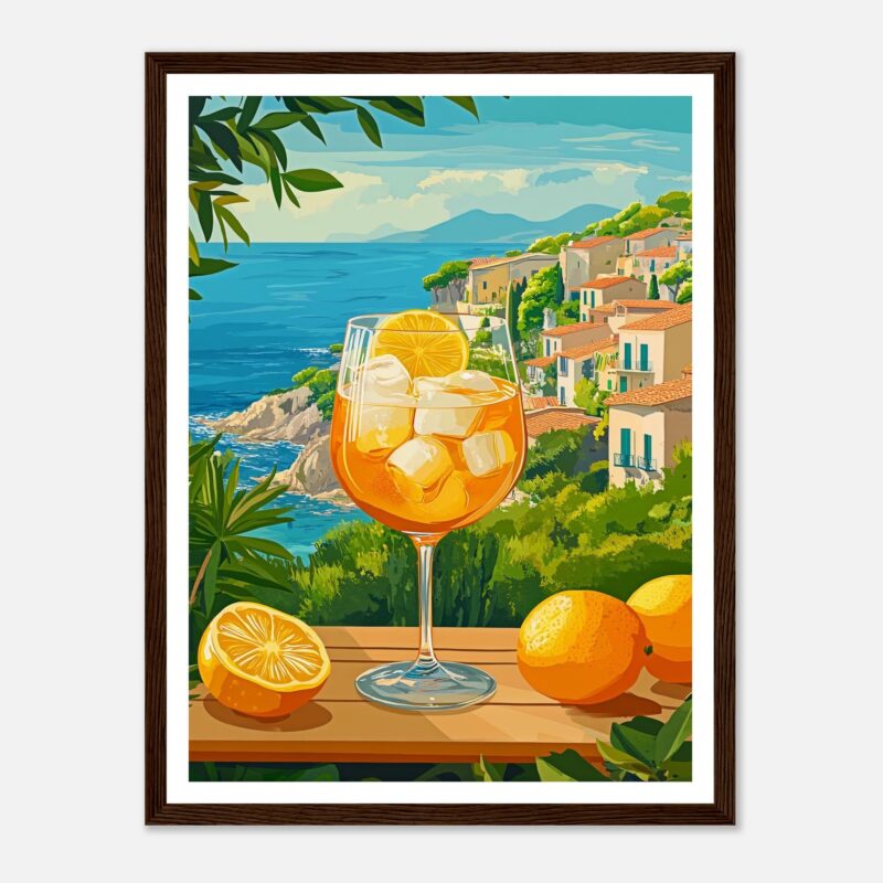 Refresco de cóctel con hielo y limón en un paisaje costero.