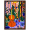 Violin con plantas tropicales y fondo colorido, arte moderno y vibrante en estilo digital.