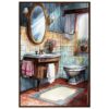 Baño con estilo vintage, colores cálidos, flores y espejo grande, diseño de interiores, decoración clásica, arte digital, ilustración moderna.