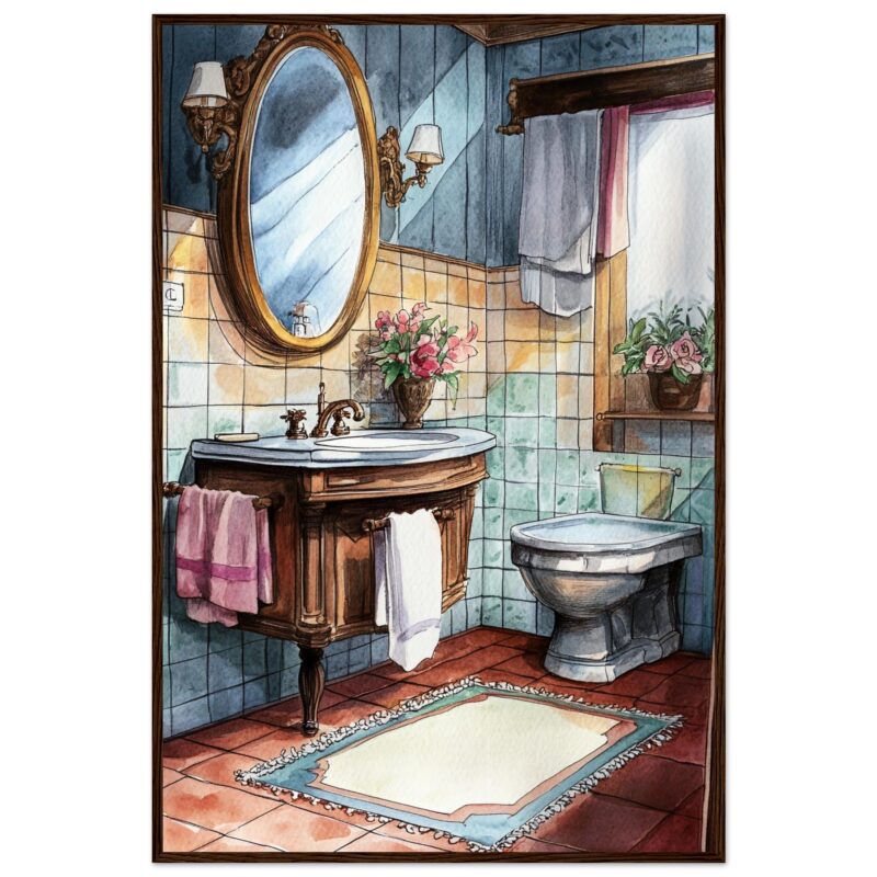 Baño con estilo vintage, colores cálidos, flores y espejo grande, diseño de interiores, decoración clásica, arte digital, ilustración moderna.