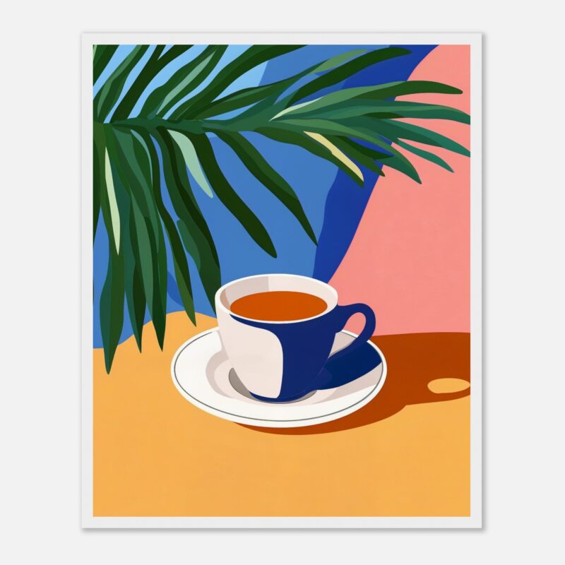 Taza de café con fondo de plantas y colores vibrantes en estilo digital.