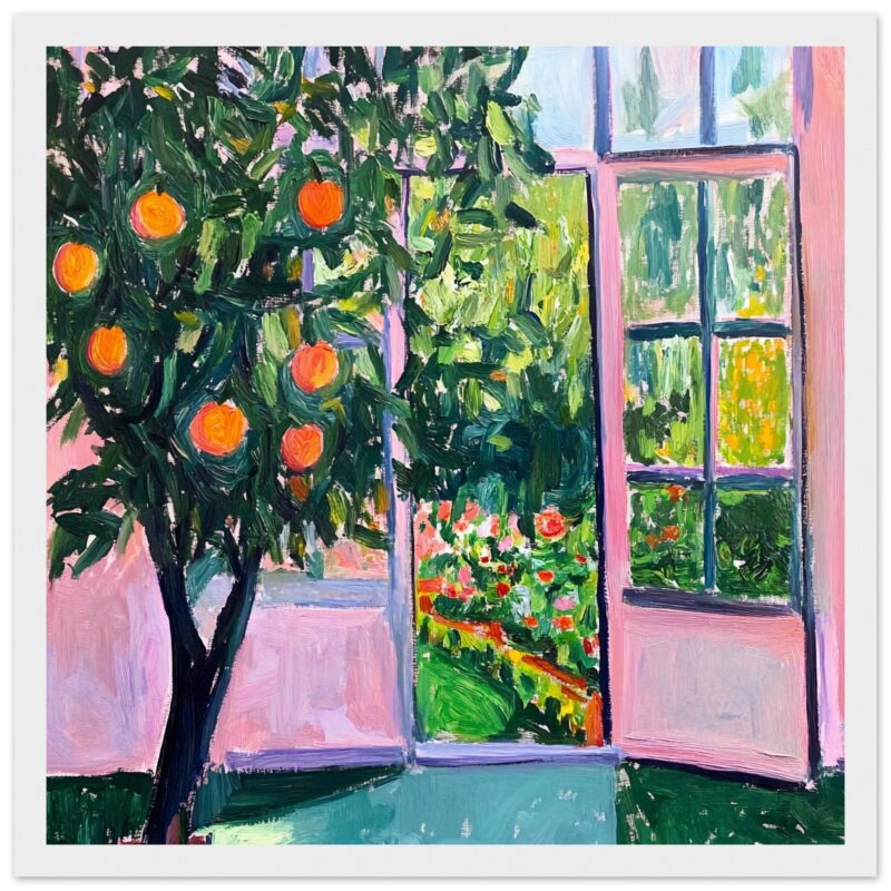 Árbol con naranjas frente a ventana con vista a jardín exterior en estilo impresionista.