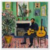 Búsqueda artística de guitarrista con obra de arte moderna en estilo expresionista.