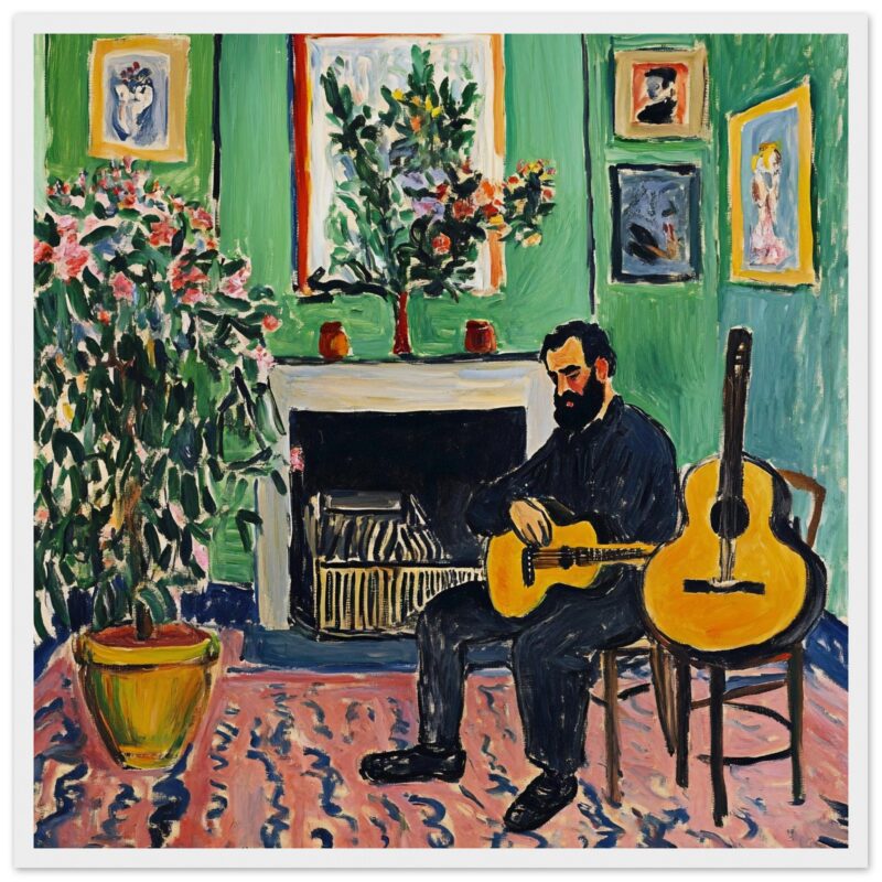 Búsqueda artística de guitarrista con obra de arte moderna en estilo expresionista.