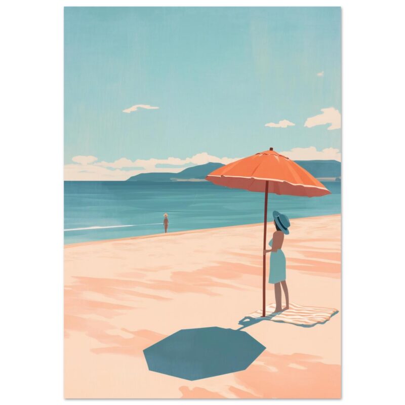 Sombrilla en la playa con mujer en vestido y sombrero disfrutando del mar y el sol.
