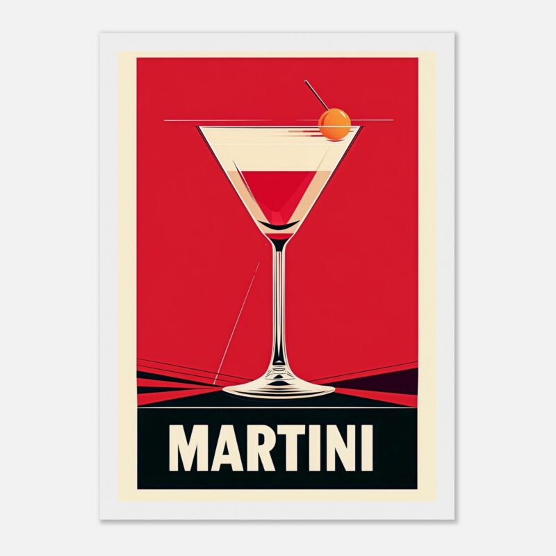 Cóctel Martini en estilo moderno y minimalista con colores vibrantes y líneas precisas.