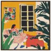 Altar: Ilustración moderna de un interior con plantas y una mujer descansando, estilo artístico vibrante y colorido.