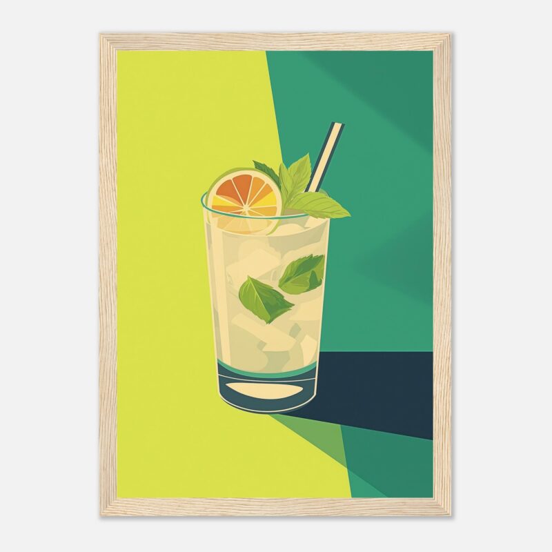 Refresco de limón y menta con hielo y popote, ilustración moderna y colorida para anuncios de bebidas.