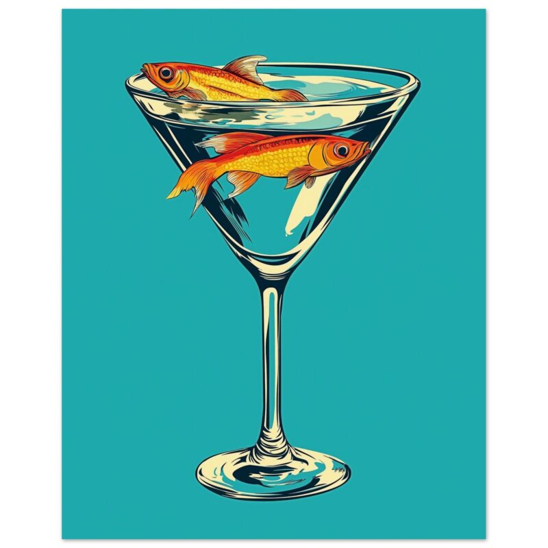 Peces en copa de cóctel, ilustración moderna y colorida, arte digital de Digiart Studio, diseño de peces en bebida, arte contemporáneo acuático, ilustración creativa.
