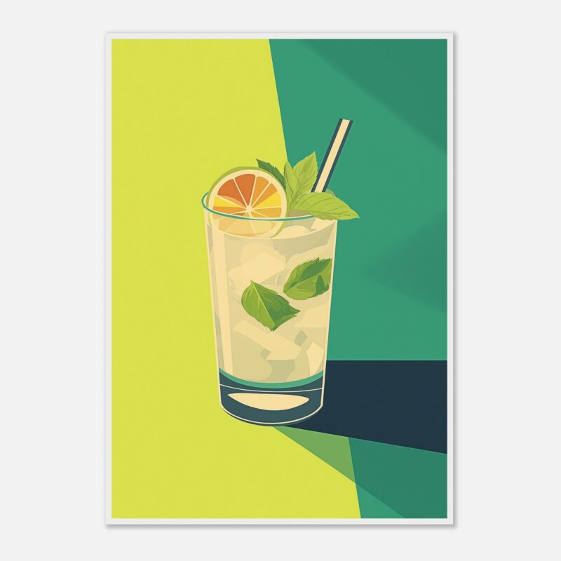 Refresco de limón y menta con hielo y pajilla, ilustración moderna digital.