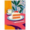 Pastel de mil hojas con frutas y taza de café, estilo artístico colorido y vibrante.