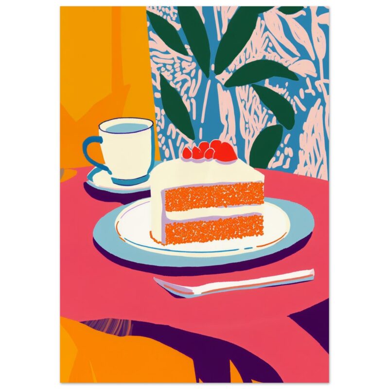 Pastel de mil hojas con frutas y taza de café, estilo artístico colorido y vibrante.