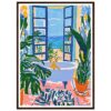 Jarrón con plantas verdes en habitación con vista al mar, estilo pintura colorida y moderna.