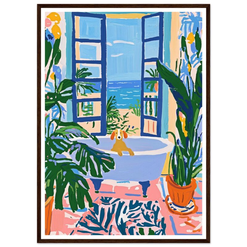 Jarrón con plantas verdes en habitación con vista al mar, estilo pintura colorida y moderna.