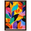 Vibrante pintura abstracta con hojas coloridas en tonos naranja, azul, verde, rosa y morado enmarcada en madera.