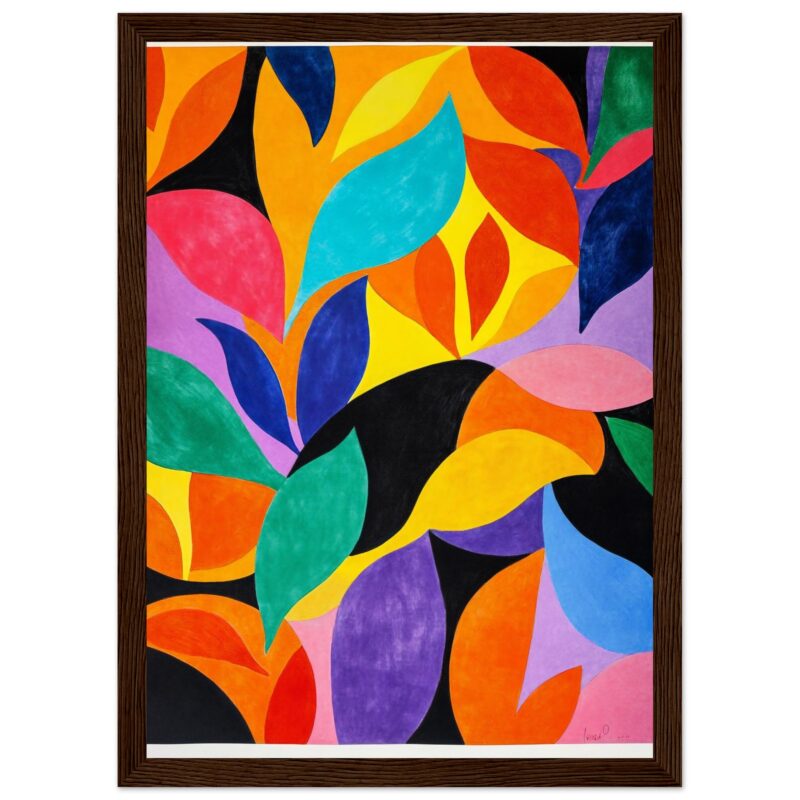 Vibrante pintura abstracta con hojas coloridas en tonos naranja, azul, verde, rosa y morado enmarcada en madera.