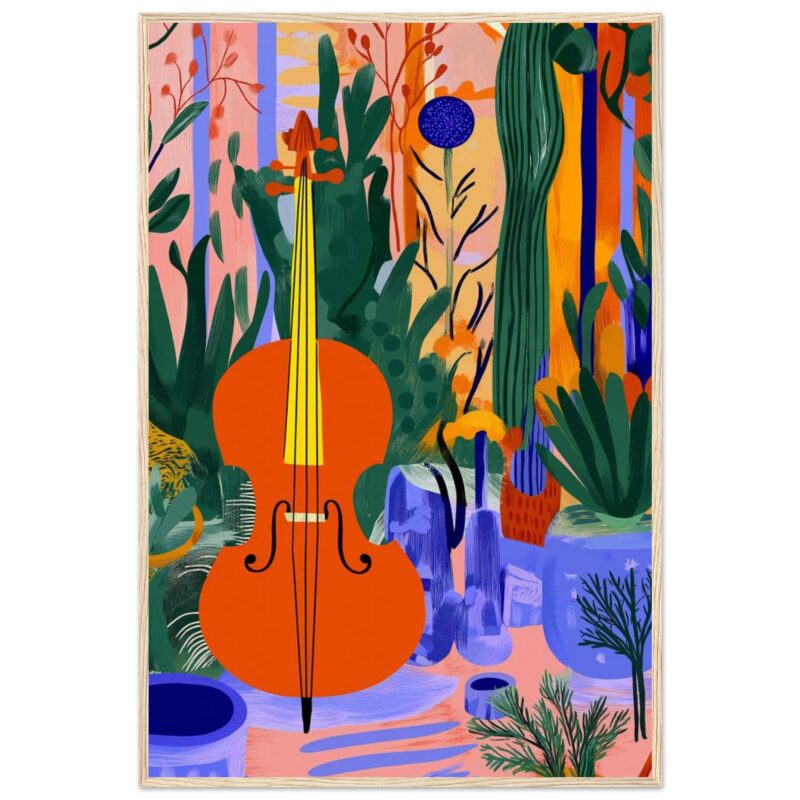 Guitarra de color naranja en un escenario lleno de plantas y naturaleza colorida.