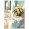 9f90ac01-837f-488d-9726-293b461e75f1.jpg Lavabo con flores y reflejo en espejo en baño estilo digital.