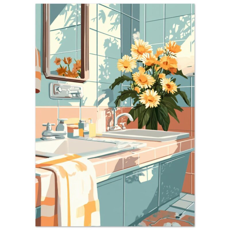 9f90ac01-837f-488d-9726-293b461e75f1.jpg Lavabo con flores y reflejo en espejo en baño estilo digital.