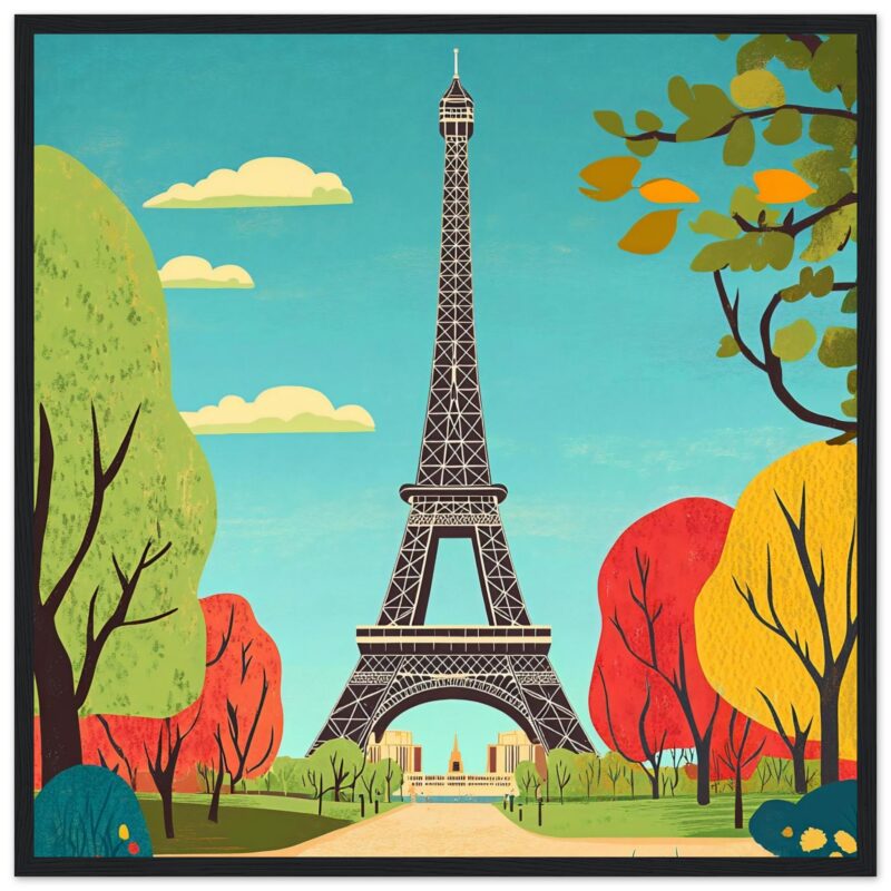 Fotografía digital de la Torre Eiffel rodeada de árboles coloridos en un estilo artístico digital.