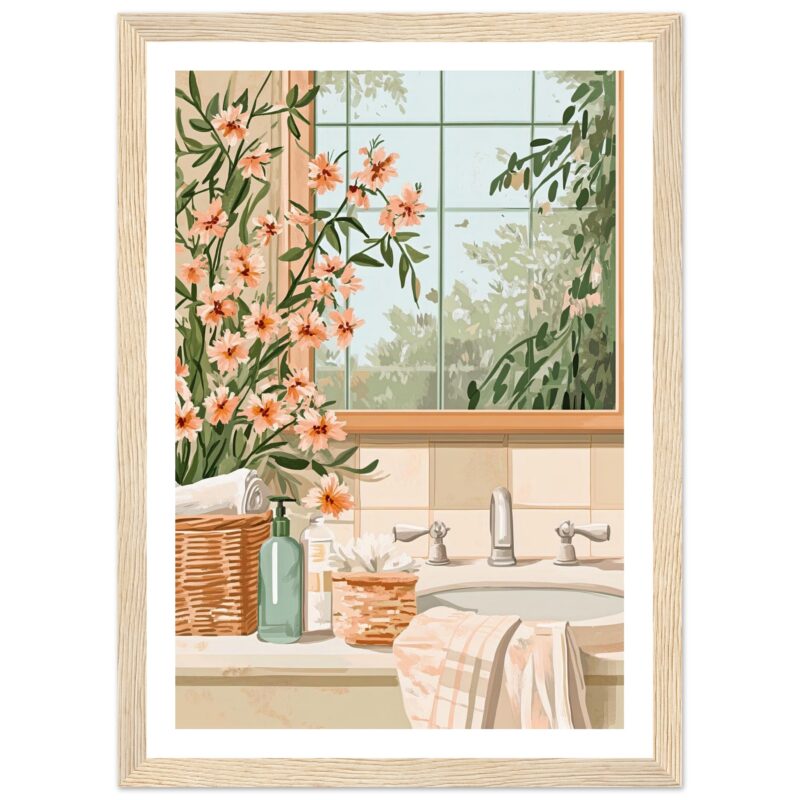 Jarrón con flores y elementos de baño en estilo rústico, vista a un jardín a través de una ventana.