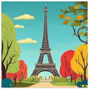 Puente de París con árboles otoñales, ilustración moderna.