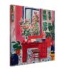 Puerta roja con flores y plantas en interiores, estilo pintura moderna, arte decorativo colorido y vibrante.