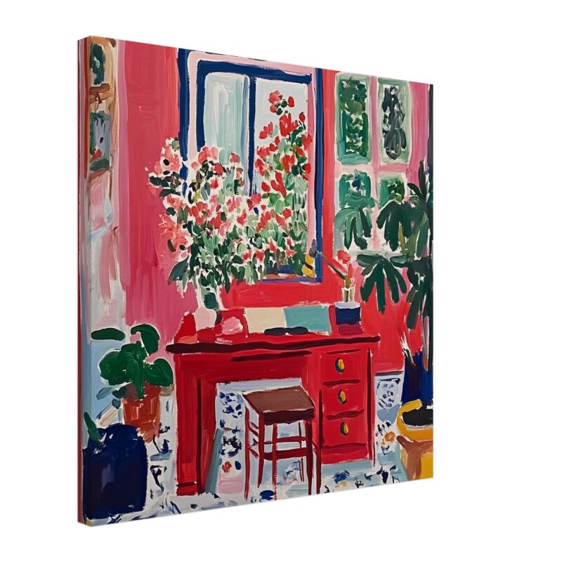 Puerta roja con flores y plantas en interiores, estilo pintura moderna, arte decorativo colorido y vibrante.