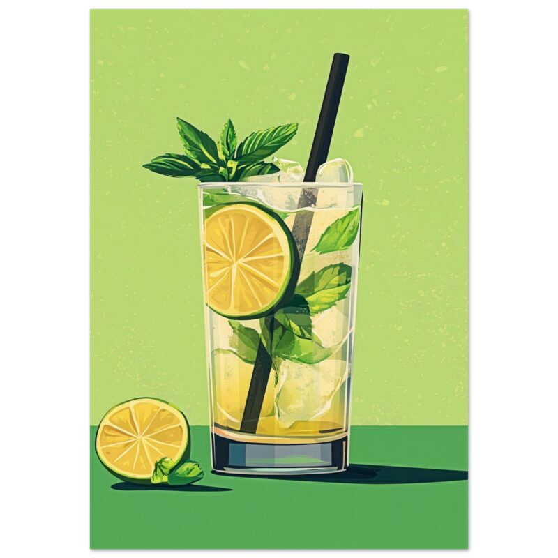 Refresco de limón con hierbabuena y hielo, ilustración digital para branding y marketing digital.