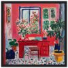 Colores vivos, estilo impresionista, interior con plantas y muebles rojos, arte digital, decoración moderna y vibrante.