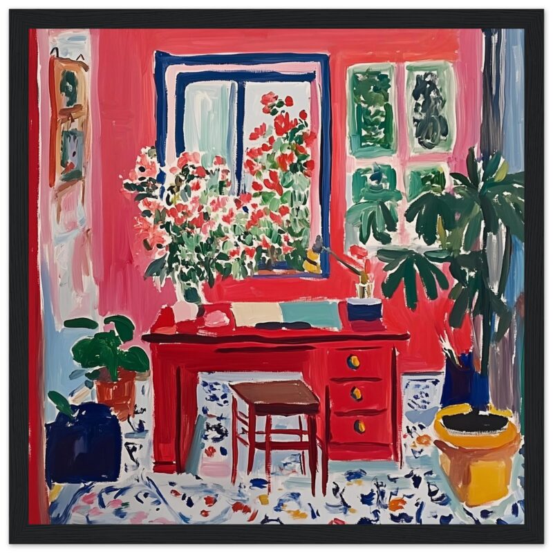 Colores vivos, estilo impresionista, interior con plantas y muebles rojos, arte digital, decoración moderna y vibrante.