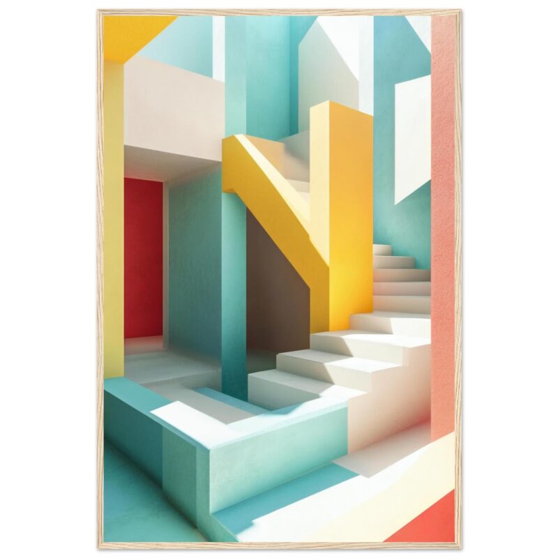 Puerta, escaleras y paredes en colores vibrantes en espacio moderno.