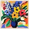 a0d39b3d-6501-4add-9188-0be2144d03f2.jpg Azul, amarillo, rojo, y verde, pintura de flores en estilo abstracto, arte moderno en lienzo, obra colorida, decorativa y vibrante.